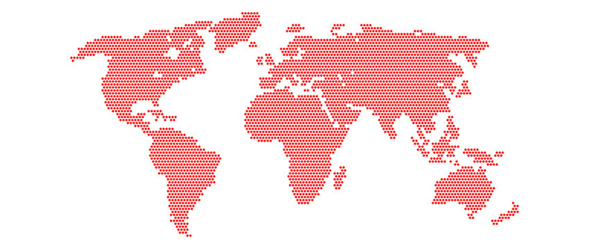 Red pixel world map concept. Abstract dotted globe worldmap for, poster, banner, brochure, flyer, booklet, presentation. Continents infographics wallpaper. Vector illustration 
