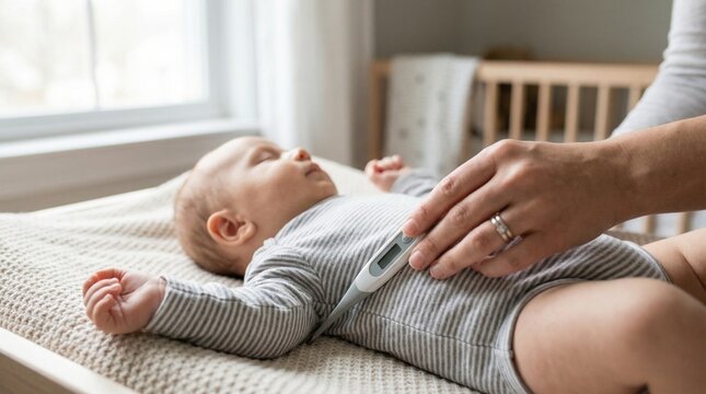 Mother hand placing digital thermometer under sleeping baby armpit, infant health fever check care concept
