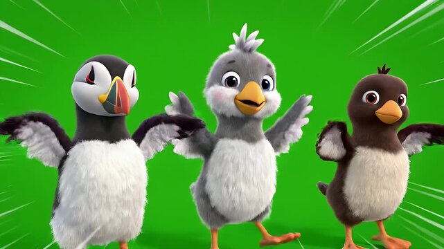 Three adorable cartoon puffins and penguin chicks with their wings spread wide, standing together and looking cheerful on a vibrant green screen background, ready for animation.