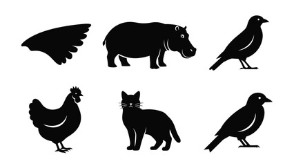nimal Silhouette Vector Set, Black Hippo, Cat, Hen, Bird, and Wing Icons, Isolated Nature Graphics for Educational Stencils, Logos, and Crafts.