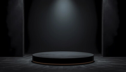 A dark room with a spotlight shining on a circular stage