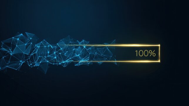 Progress bar indicating 100% completion in a cutting-edge technological design, representing a sense of achievement and readiness. ..Created with Generative AI, not depicting real subjects.