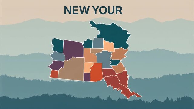 Dynamic Animated Map - Shifting Colorful Regions with Mountain Landscape Background and Title.