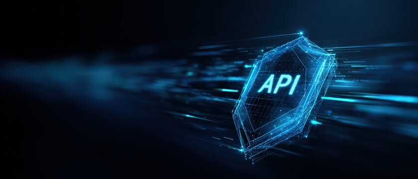 Digital API security shield against dark background. The scene exudes a sense of technological advancement and protection. ..Created with Generative AI, not depicting real subjects.