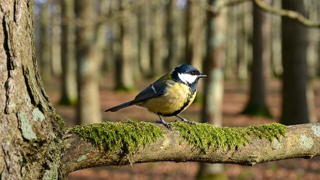 Serene Perched Great Tit on Mossy Branch in Forest, Vibrant Plumage and Detailed Feathers in Natural Tractable Environment