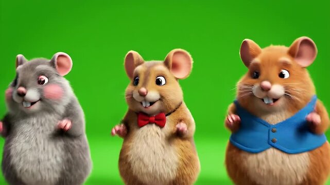 Three adorable cartoon mice with expressive faces and clothing, joyfully running and posing together against a vibrant green background, showcasing a playful and whimsical animation style.