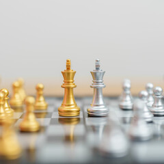 hand moving gold Chess King figure and Checkmate opponent during chessboard competition. Strategy, Success, management, business planning, win, disruption, Trade war and leadership concept