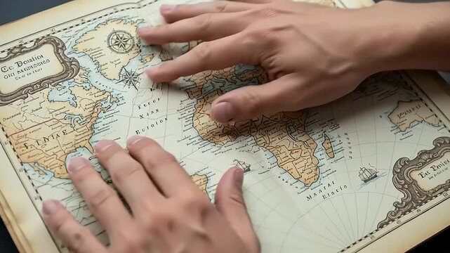 Hands Studying Old Vintage World Map.