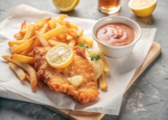 Crunchy golden fish and chips takeaway delight served with a squeeze of fresh lemon and tangy sauce, a flavorful street food treat