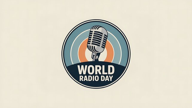 World radio day graphic with stylish microphone and colorful orange and blue signal waves in circular frame for broadcasting industry anniversary and international audio media event
