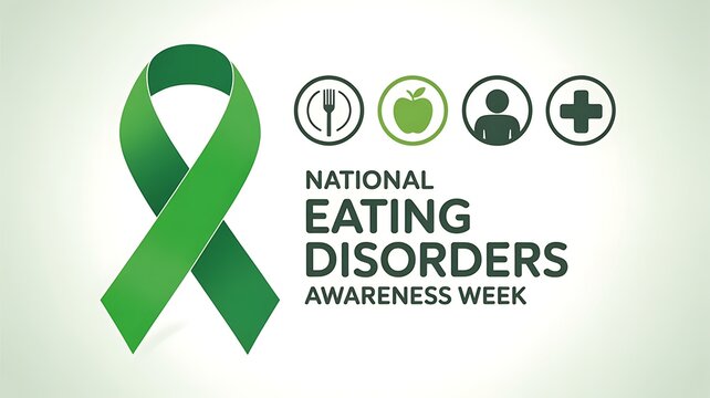 National eating disorders awareness week banner with green ribbon and health icons for medical campaign nutrition education support and mental wellness advocacy on light background