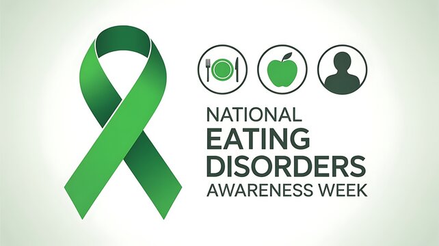 Professional national eating disorders awareness week background with green ribbon symbol and minimalist icons representing nutrition and mental health support for medical campaign