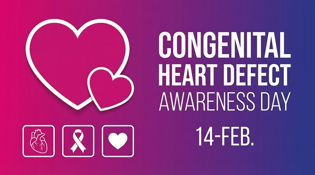 Congenital heart defect awareness day graphic with pink hearts and medical symbols on gradient background showing support