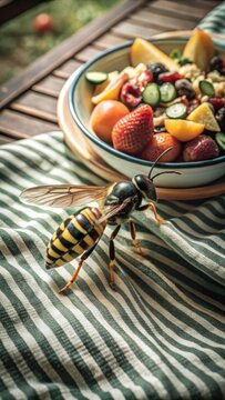 The menacing yellow and black striped wasp buzzes angrily around a picnic blanket and fruit salad
