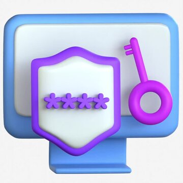 3D illustration of a computer monitor with a security shield and a key representing multi-factor authentication and account protection
