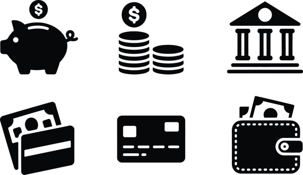 Financial silhouette icon collection including piggy bank coins bank credit card wallet clean modern vector design set business finance symbols