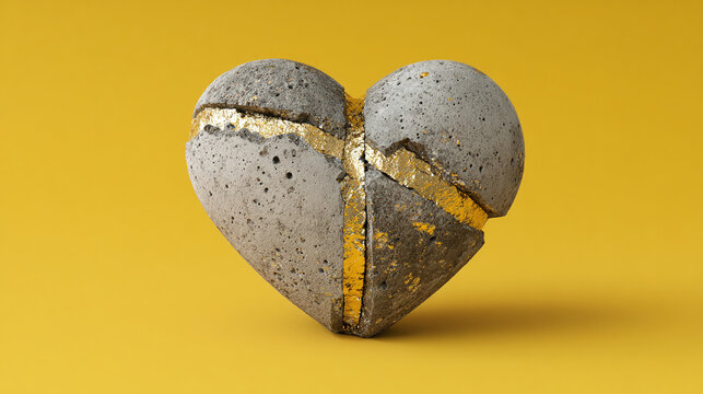 A broken heart symbolizing the concept of kintsugi, mended with gold against a yellow backdrop. The image evokes feelings of healing and resilience