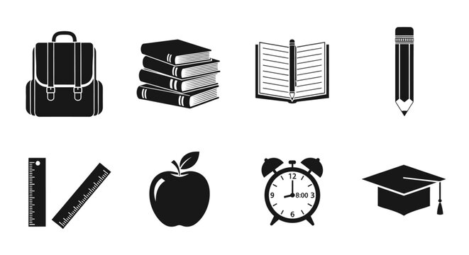 Black and white icons representing school supplies and academic elements