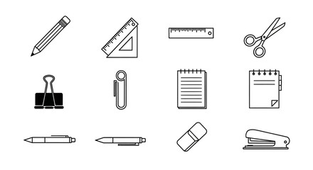 Collection of black and white school and office stationery icons