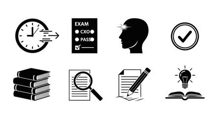 Exam preparation icons time study success and learning concepts