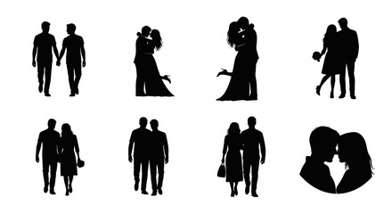 Silhouettes of couples embracing and walking depicted in a minimalist style