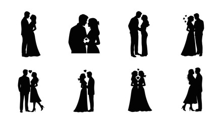 Silhouettes of couples embracing and dancing depicting romantic relationships