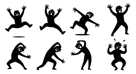 Silhouettes of people in dynamic joyful and expressive jumping poses