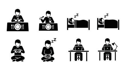 Black and white icons depicting various daily life activities and routines