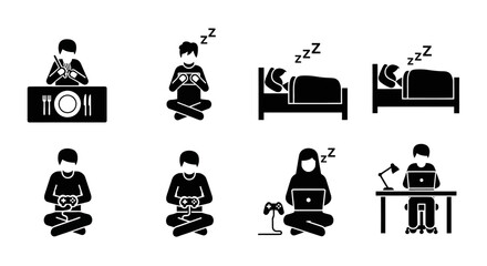 Simple black icons depicting people in various rest and work positions