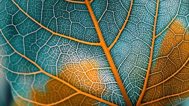 Close up of a leaf with orange veins.