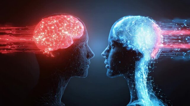 Brain Connection: A captivating digital depiction illustrates two human profiles, their minds ablaze with radiant light.