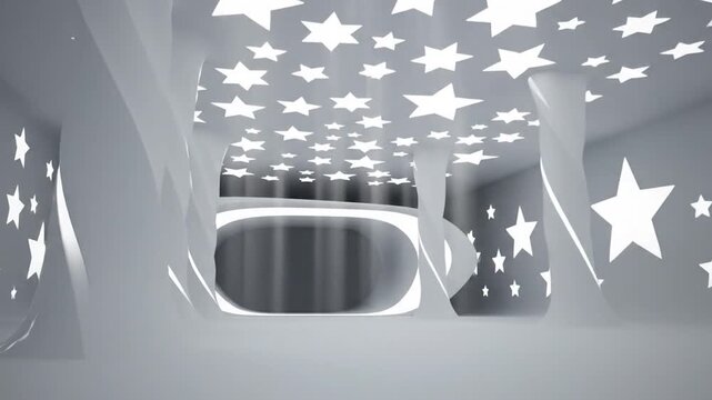 Architectural interior, sleek white with star cutouts in ceiling, curved walls, indirect light