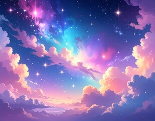 Cartoonish dreamy celestial scene with pastel colors, stars, and clouds