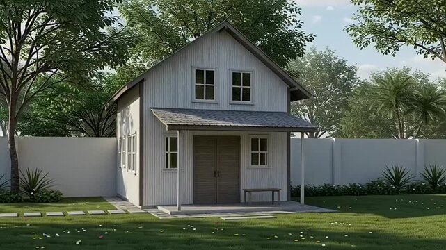 Modern White House with Porch and Fenced Yard.