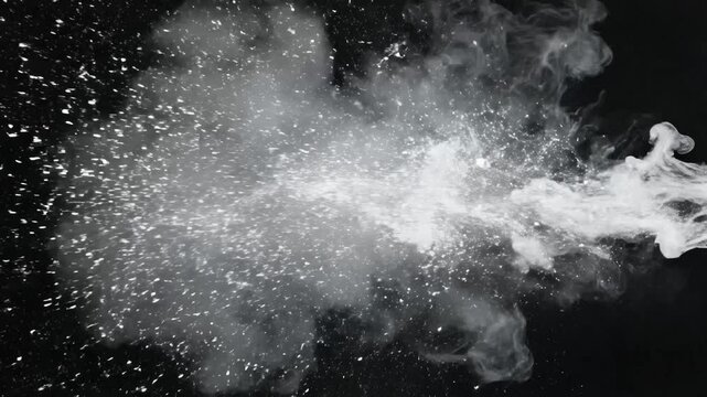 Explosion of white powder and glitter particles against black background dynamic motion abstract science explosion particle effect