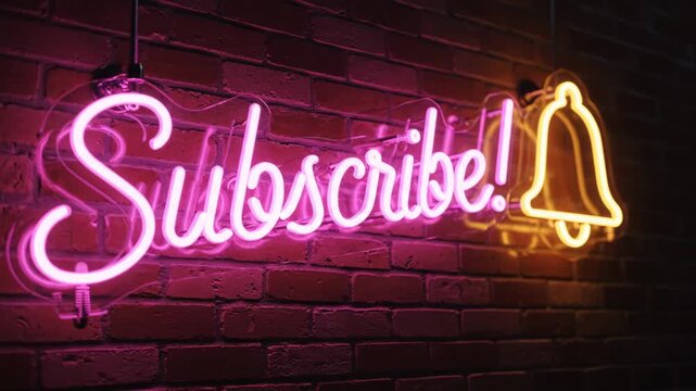 Glowing pink neon subscribe text with bell icon animation on dark brick wall background, dynamic motion graphic