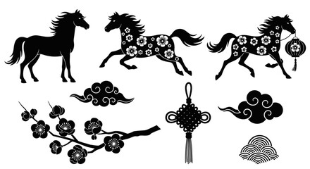 Black silhouettes of horses floral designs and traditional chinese elements