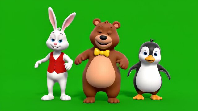 Cartoon animal friends rabbit bear penguin adorable cute friendly green screen animation character kids content