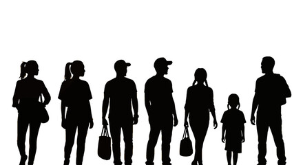 Silhouetted family group stands against a warm gradient orange sunset © MD