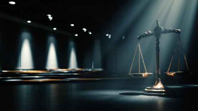 Justice Symbol: A symbol of justice, illuminated by spotlights in a dimly lit space, representing the pursuit of fairness and the balance of law.
