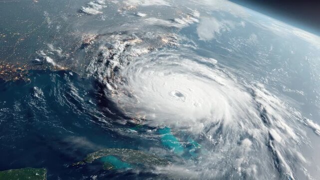 Hurricane from Space: A stunning view of a powerful hurricane swirling over the ocean, offering a stark reminder of nature's formidable strength and the planet's vastness.
