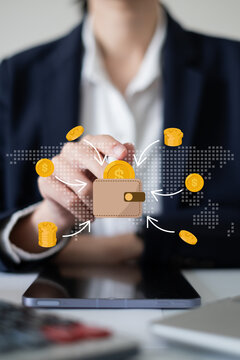 Person using technology for multiple income revenue side hustle earning saving dividend investment increase interest accounting financial wealth planning, passive income concept