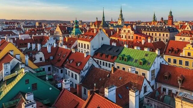 Aerial View of Old Town Riga, Latvia, with Colorful Rooftops and Historic Architecture at Sunset.