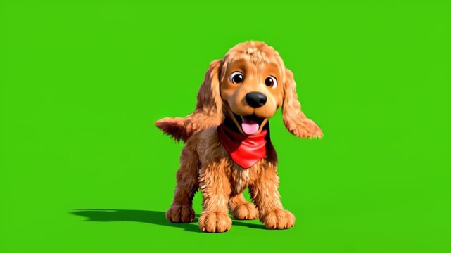 Animated golden cocker spaniel puppy character with bandana isolated on green screen background footage