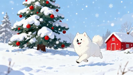 Fototapeta premium Snowy Christmas scene with dog and tree