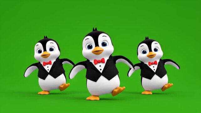 Animated cartoon penguins dancing in tuxedos on green screen background for kids animation projects