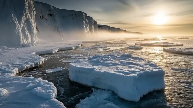 Arctic Sunrise Over Icy Waters With Floating Icebergs.