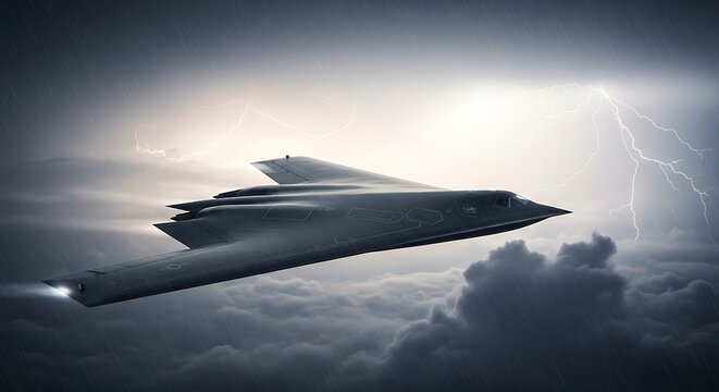 Futuristic stealth bomber aircraft flying through a stormy sky with lightning in the background