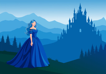 Vector illustration of a fantasy princess in a blue gown with a majestic castle in the background, serene mountain landscape © PDWN Creative