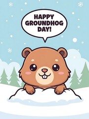 Cartoon groundhog with greeting bubble on snowy background